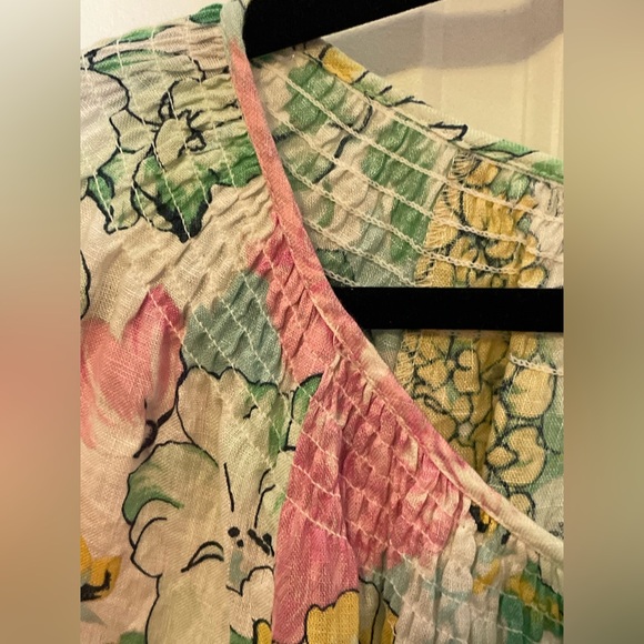 Linen Charter Club Floral Linen Peasant Blouse Bell Sleeves Tie Neck IX - Picture 8 of 8